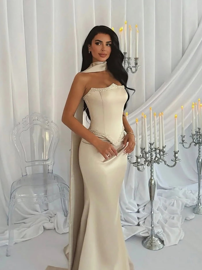 Luxury Nude Beaded Mermaid Prom Dress with Silk Scarf LA73669