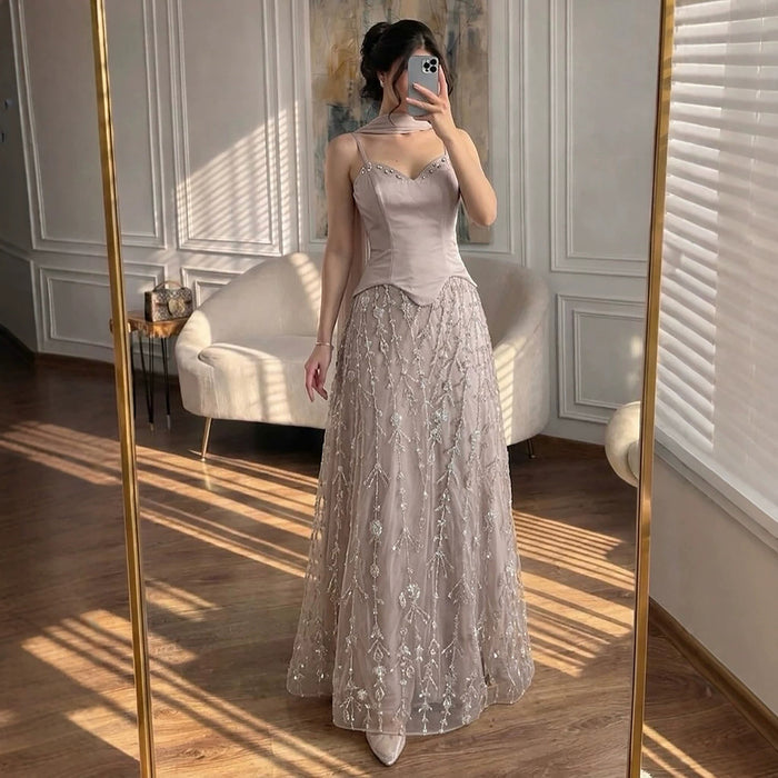 Luxury Nude Beaded Spaghetti Strap A Line Evening Dress LA72805F SERENE HILL