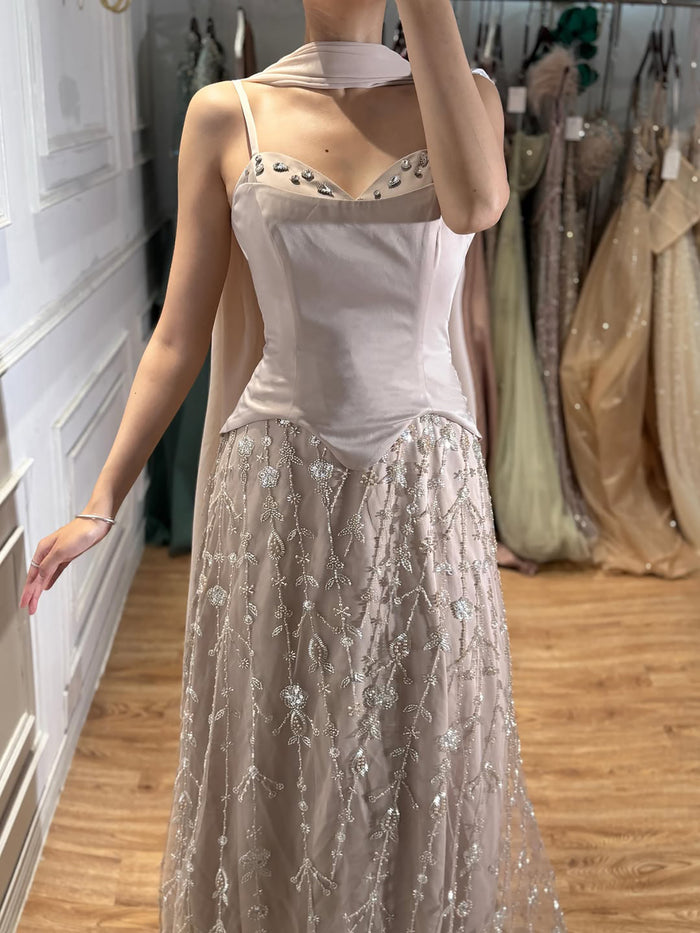 Luxury Nude Beaded Spaghetti Strap A Line Evening Dress LA72805F SERENE HILL