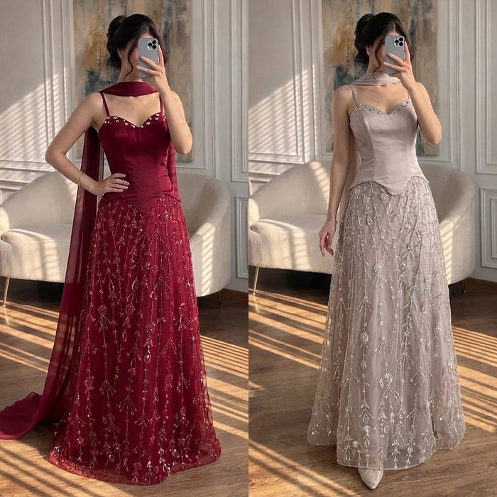 Luxury Nude Beaded Spaghetti Strap A Line Evening Dress LA72805F SERENE HILL