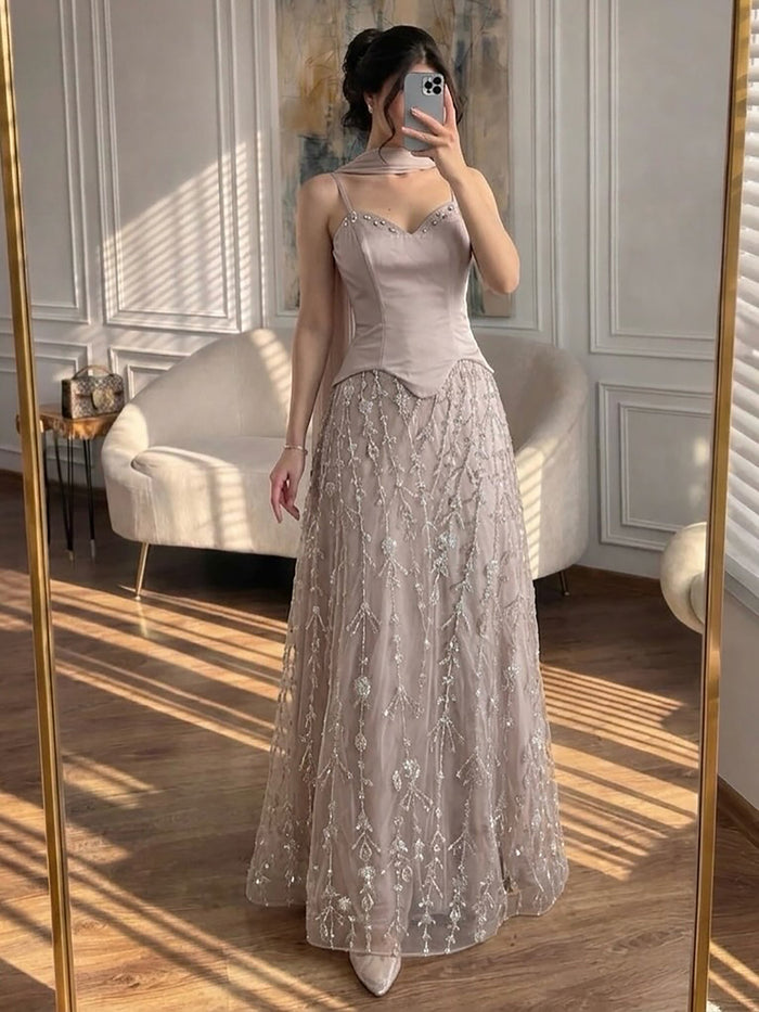 Luxury Nude Beaded Spaghetti Strap A Line Evening Dress LA72805F SERENE HILL