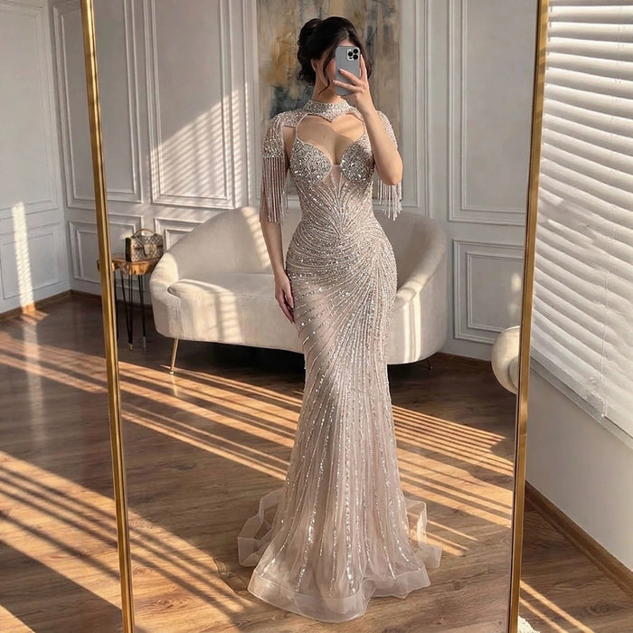 Luxury Nude Beaded Tassel Mermaid Evening Dress LA73184A