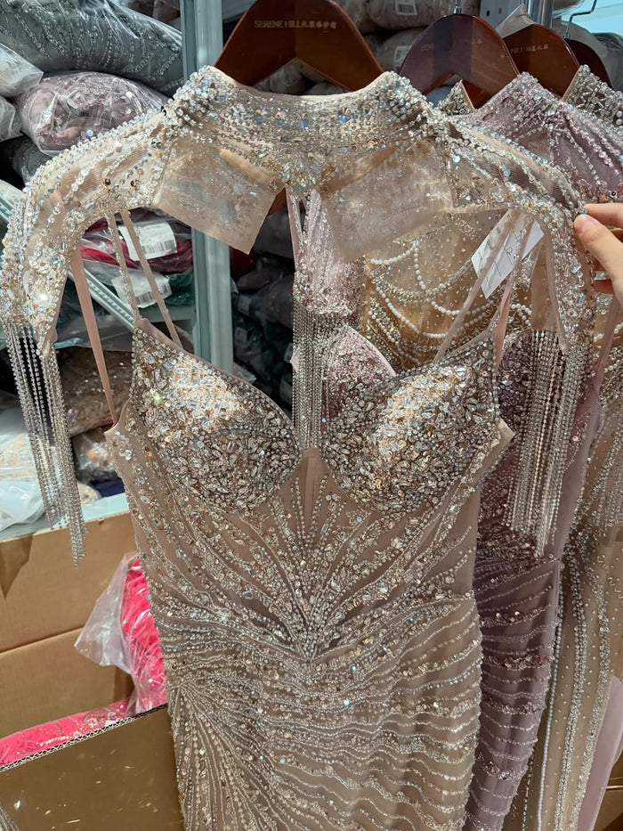 Luxury Nude Tassel Beaded Mermaid Evening Dress LA73184A SERENE HILL