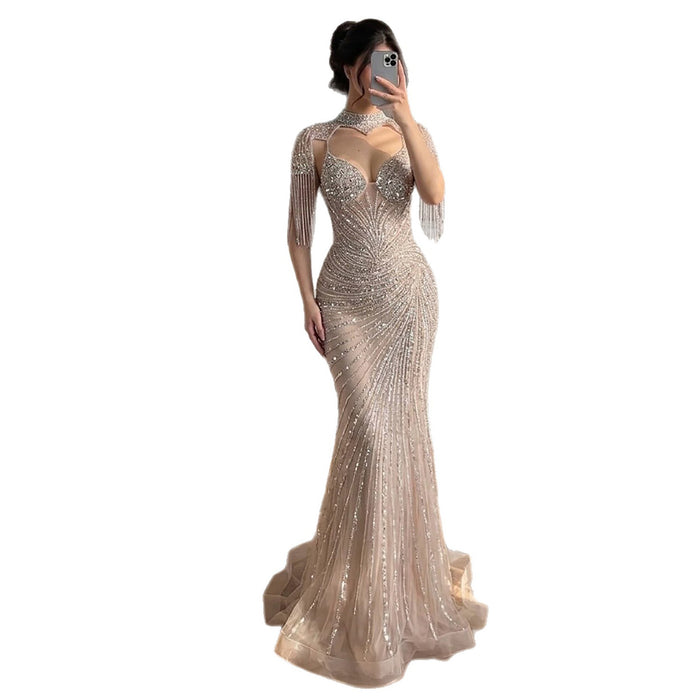 Luxury Nude Beaded Tassel Mermaid Evening Dress LA73184A