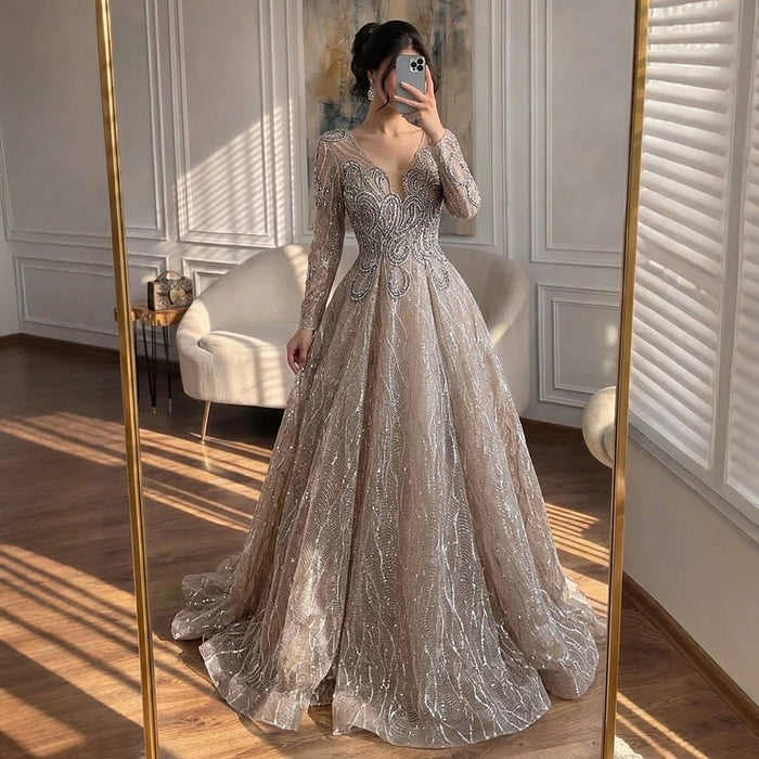 Luxury Nude Beaded V Neck Long Sleeve A Line Evening Dress LA73747 SERENE HILL