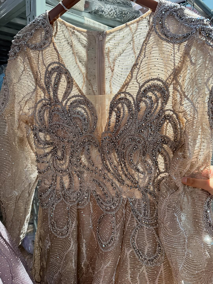 Luxury Nude Beaded V Neck Long Sleeve A Line Evening Dress LA73747 SERENE HILL