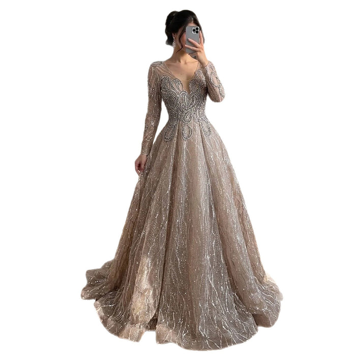 Luxury Nude Beaded V Neck Long Sleeve A Line Evening Dress LA73747 SERENE HILL
