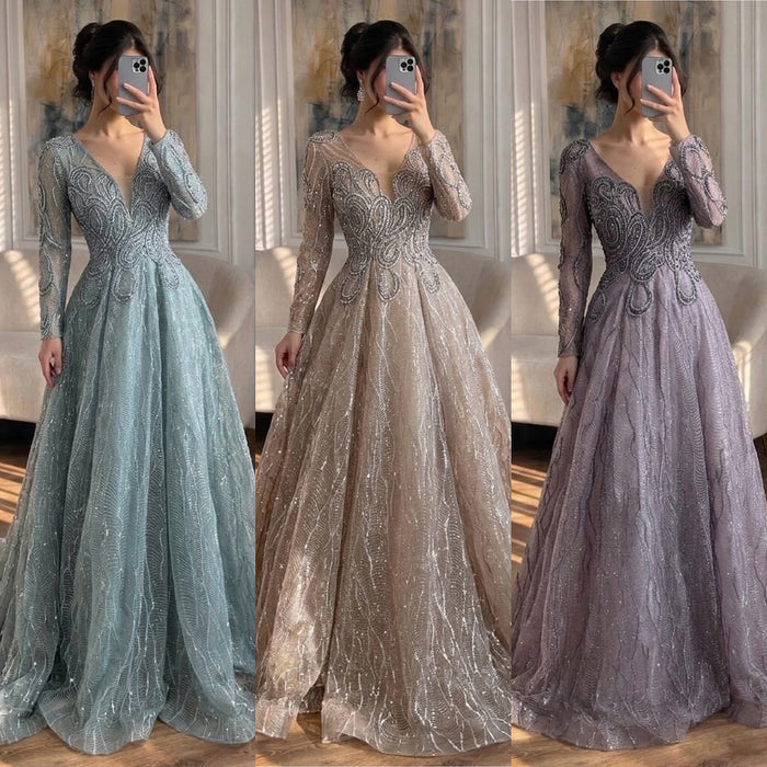 Luxury Nude Beaded V Neck Long Sleeve A Line Evening Dress LA73747 SERENE HILL
