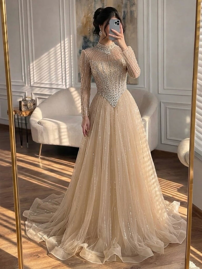 Luxury Nude Crystal Beaded A Line Evening Dress LA73753 SERENE HILL