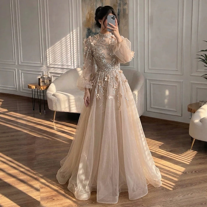 Luxury Nude Crystal Beaded Long Sleeve A-Line Evening Dress LA73406