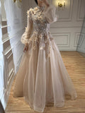 Luxury Nude Crystal Beaded Long Sleeve A-Line Evening Dress LA73406
