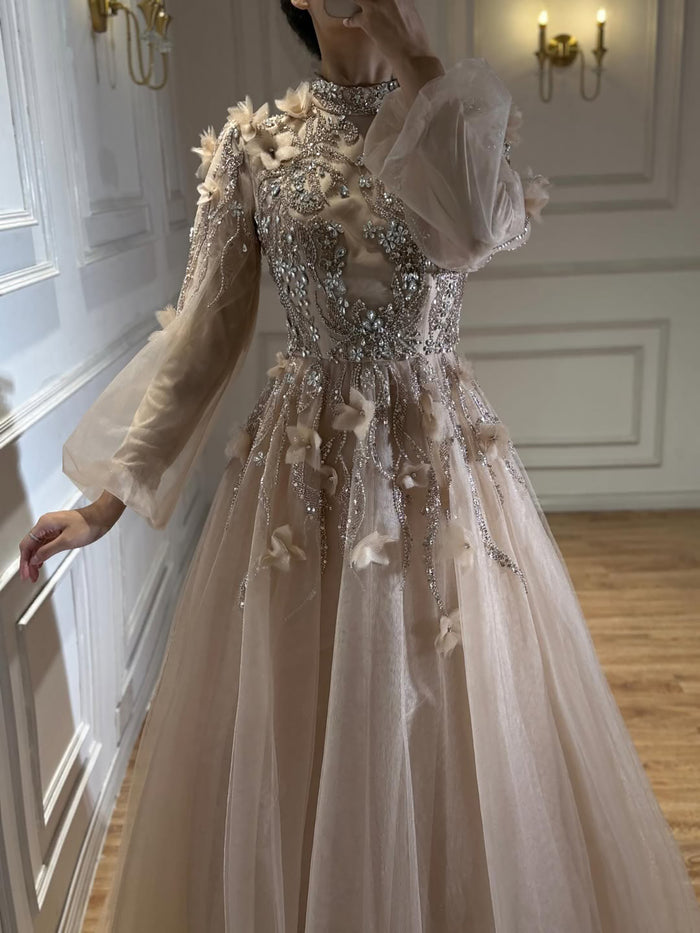 Luxury Nude Crystal Beaded Long Sleeve A-Line Evening Dress LA73406