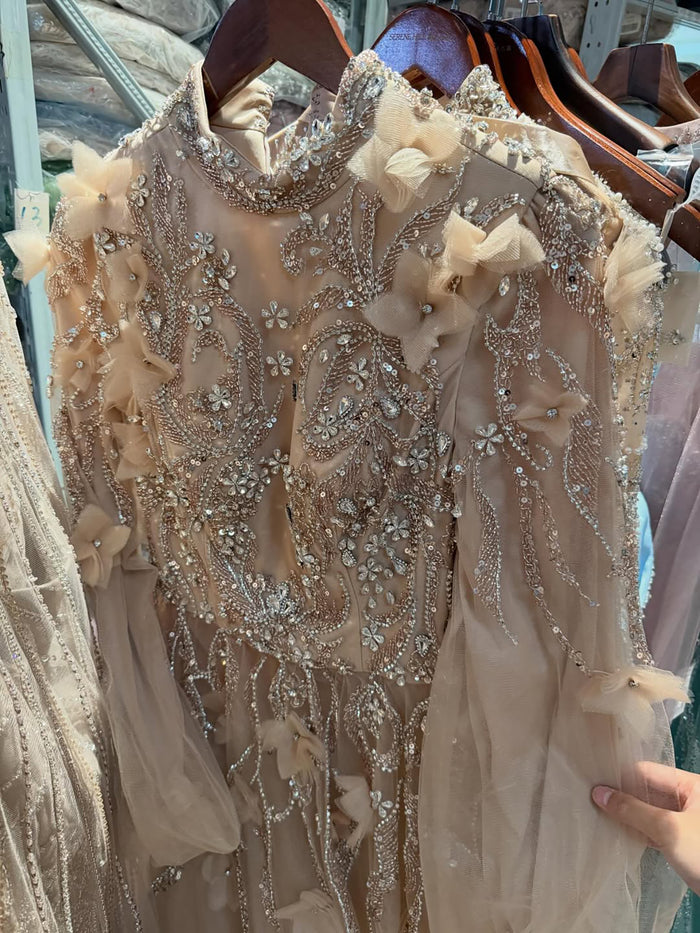 Luxury Nude Crystal Beaded Long Sleeve A-Line Evening Dress LA73406