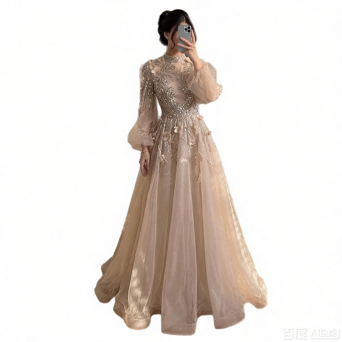 Luxury Nude Crystal Beaded Long Sleeve A-Line Evening Dress LA73406