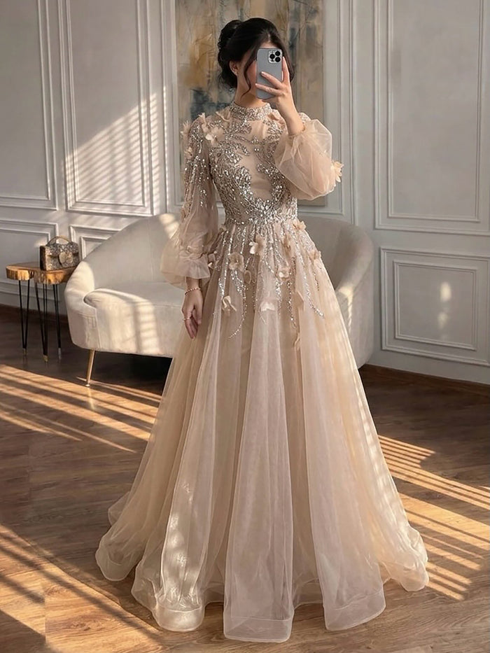 Luxury Nude Crystal Beaded Long Sleeve A-Line Evening Dress LA73406