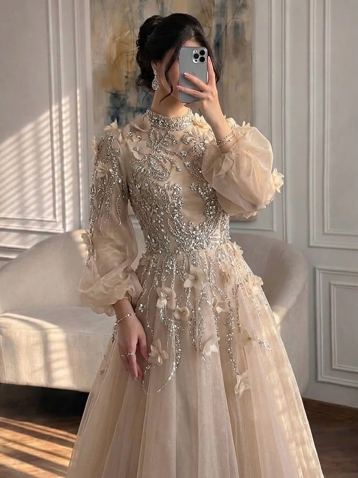 Luxury Nude Crystal Beaded Long Sleeve A-Line Evening Dress LA73406