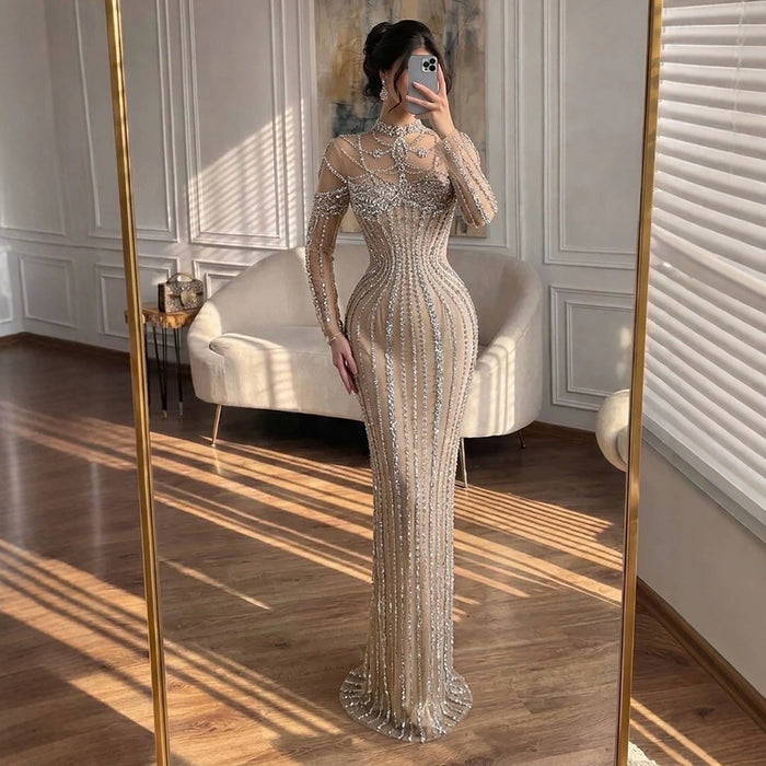 Luxury Nude Crystal Beaded Long Sleeves Mermaid Dress LA73391B SERENE HILL
