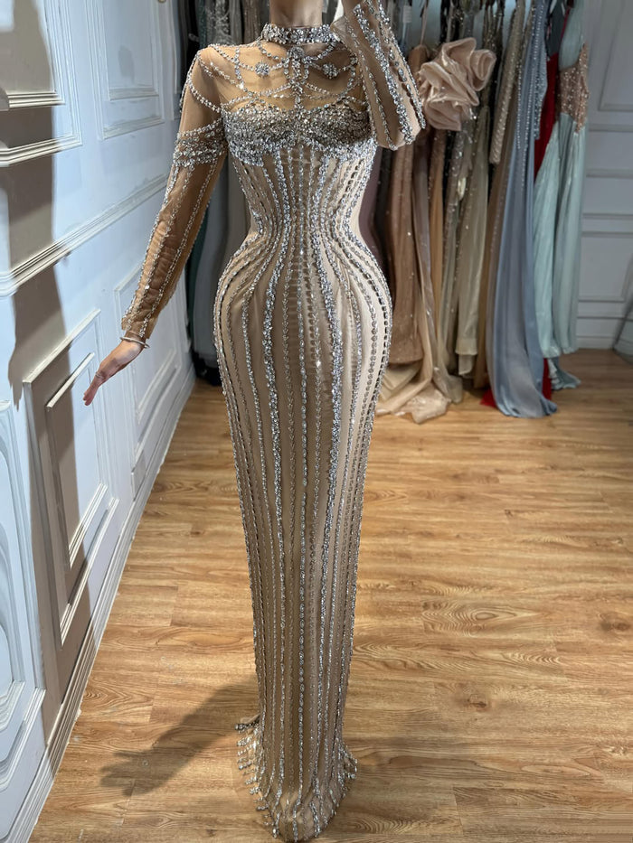 Luxury Nude Crystal Beaded Long Sleeves Mermaid Dress LA73391B SERENE HILL