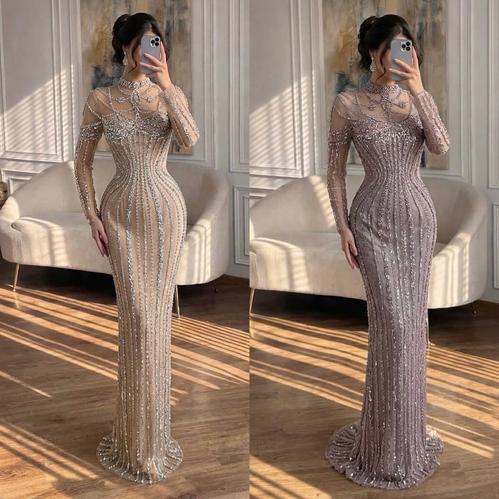 Luxury Nude Crystal Beaded Long Sleeves Mermaid Dress LA73391B SERENE HILL
