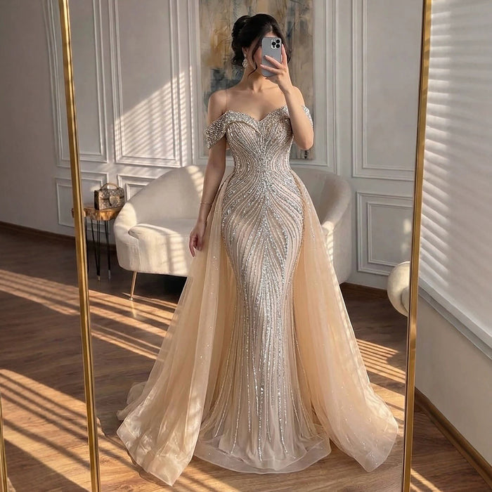 Luxury Nude Crystal Beaded Mermaid Dress with Overskirt LA73710