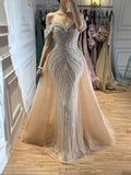 Luxury Nude Crystal Beaded Mermaid Dress with Overskirt LA73710
