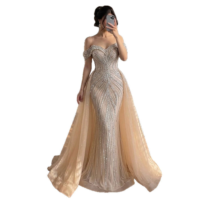 Luxury Nude Crystal Beaded Mermaid Dress with Overskirt LA73710