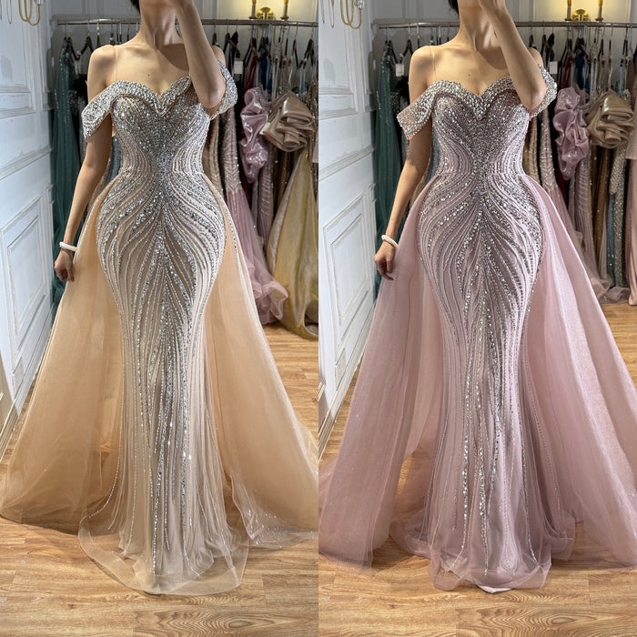 Luxury Nude Crystal Beaded Mermaid Dress with Overskirt LA73710