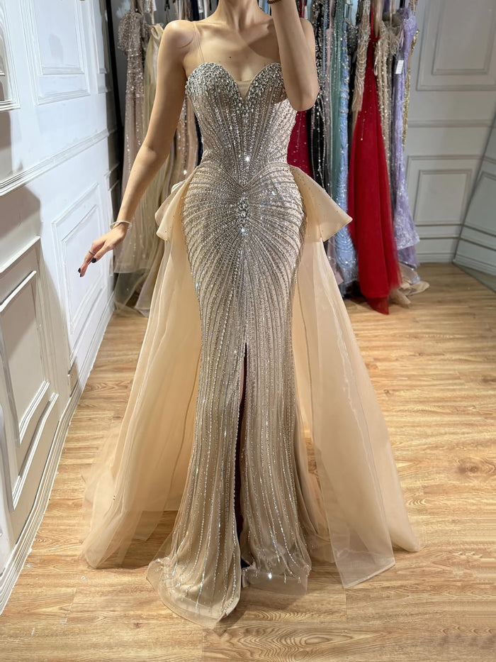 Luxury Nude Sweetheart Beaded Mermaid Dress with Overskirt LA73786 SERENE HILL