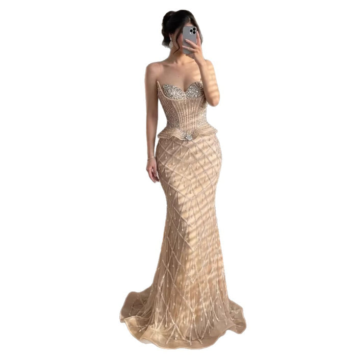 Luxury Nude Crystal Beaded Mermaid Evening Dress LA73400A
