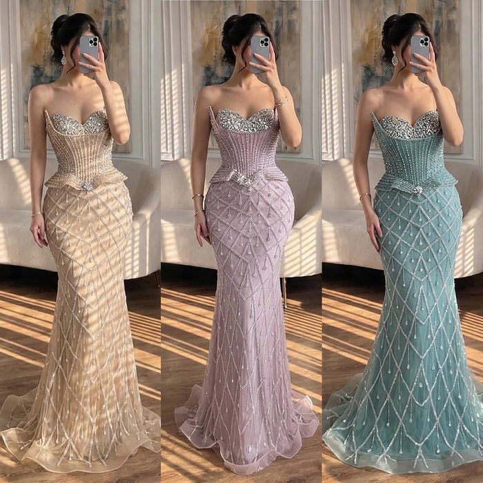 Luxury Nude Crystal Beaded Mermaid Evening Dress LA73400A