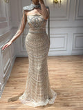 Luxury Nude Crystal Beaded Mermaid Evening Dress With Cape Tassel LA73450A