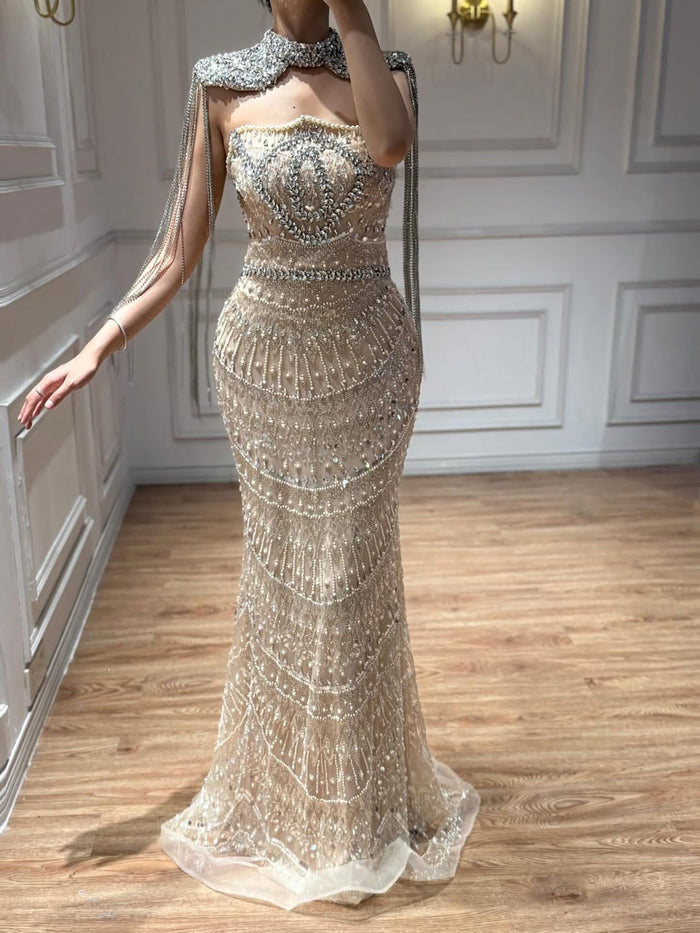 Luxury Nude Crystal Beaded Mermaid Evening Dress With Cape Tassel LA73450A