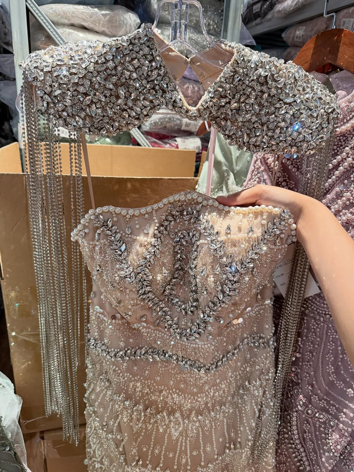 Luxury Nude Crystal Beaded Mermaid Evening Dress With Cape Tassel LA73450A