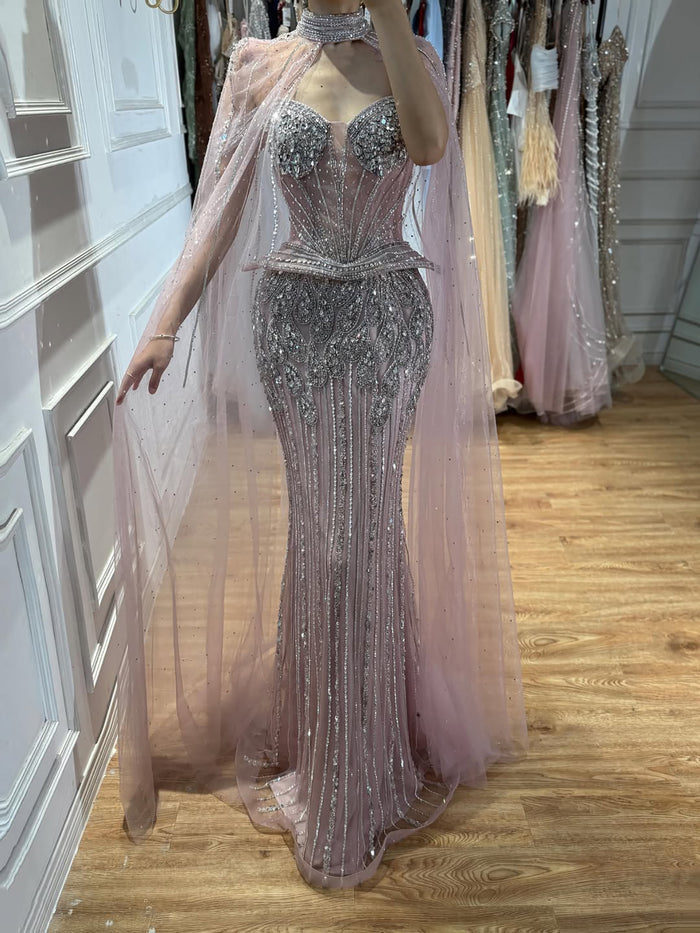 Luxury Nude Crystal Beaded Mermaid Gown with High Neck Cape LA73816 SERENE HILL