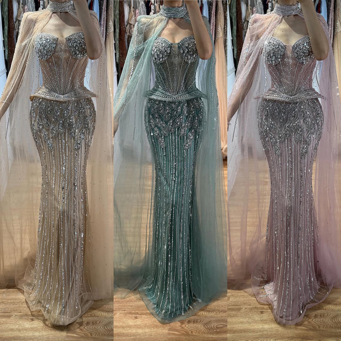 Luxury Nude Crystal Beaded Mermaid Gown with High Neck Cape LA73816 SERENE HILL