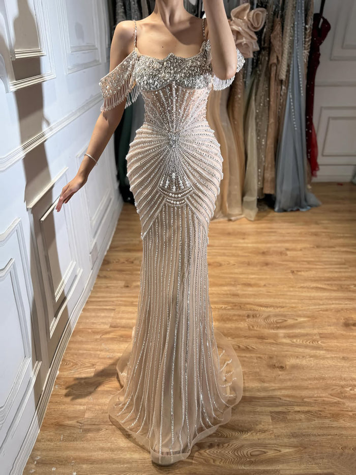Luxury Nude Crystal Beaded Off Shoulder Mermaid Dress LA73148E SERENE HILL