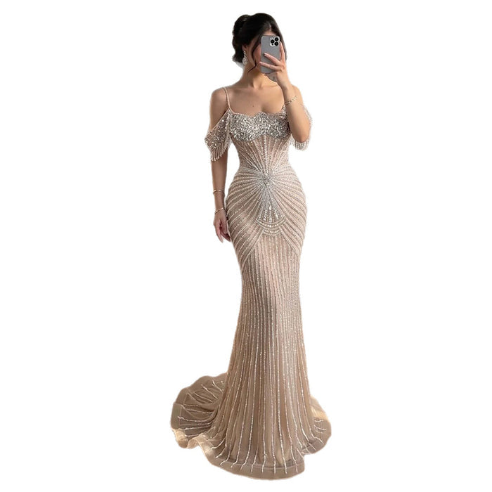 Luxury Nude Crystal Beaded Off Shoulder Mermaid Dress LA73148E SERENE HILL