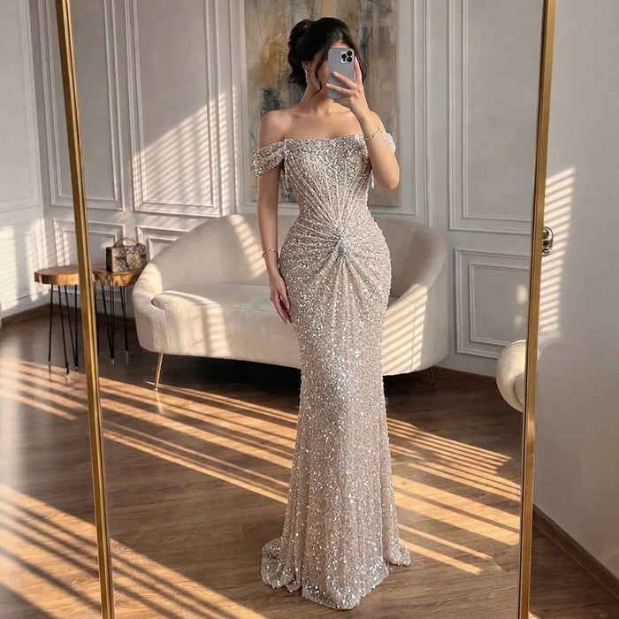Luxury Cream Crystal Beaded Off The Shoulder Mermaid Dress LA72905D SERENE HILL