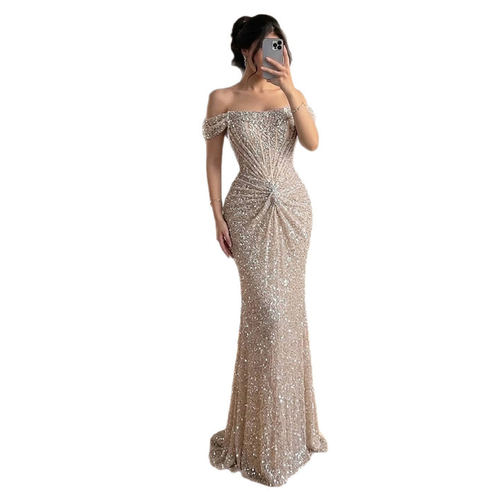 Luxury Cream Crystal Beaded Off The Shoulder Mermaid Dress LA72905D SERENE HILL