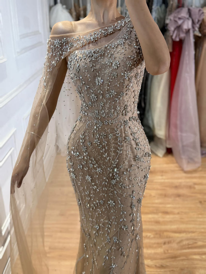 Luxury Nude Crystal Beaded One-Shoulder Mermaid Dress LA73485A SERENE HILL