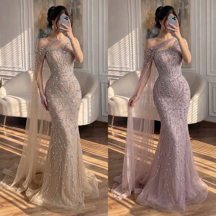 Luxury Nude Crystal Beaded One-Shoulder Mermaid Dress LA73485A SERENE HILL