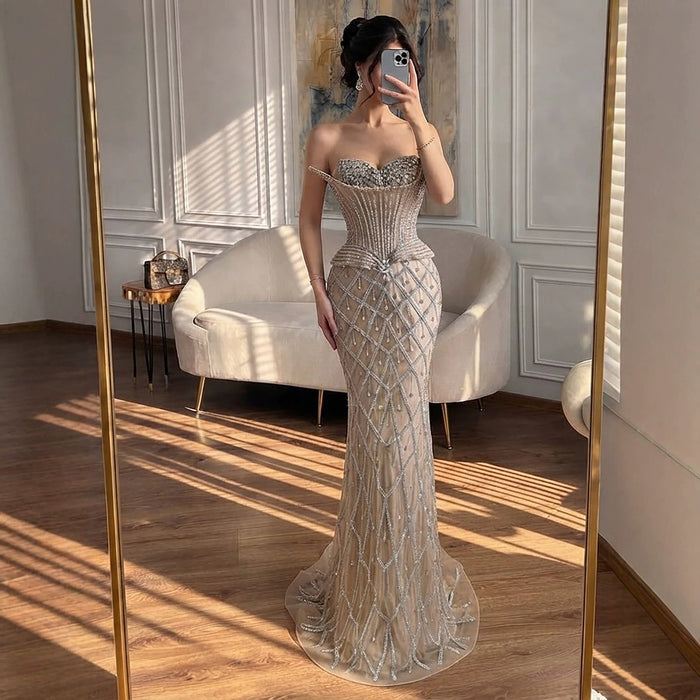 Luxury Nude Crystal Beaded Strapless Peplum Mermaid Dress LA73400B SERENE HILL