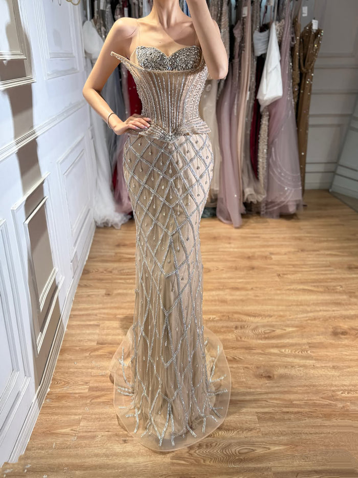 Luxury Nude Crystal Beaded Strapless Peplum Mermaid Dress LA73400B SERENE HILL