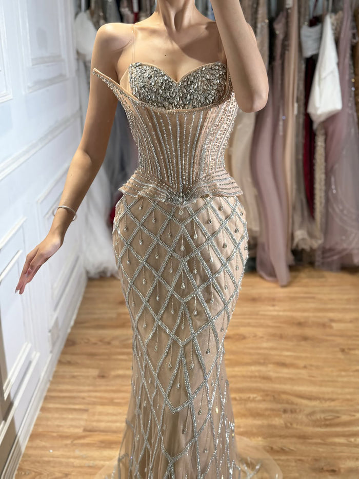 Luxury Nude Crystal Beaded Strapless Peplum Mermaid Dress LA73400B SERENE HILL