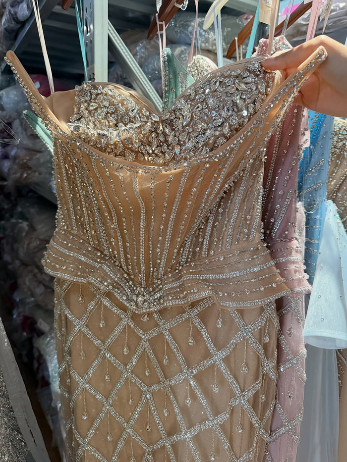 Luxury Nude Crystal Beaded Strapless Peplum Mermaid Dress LA73400B SERENE HILL