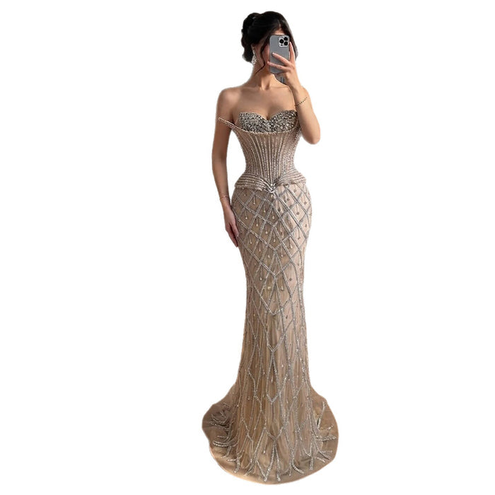 Luxury Nude Crystal Beaded Strapless Peplum Mermaid Dress LA73400B SERENE HILL