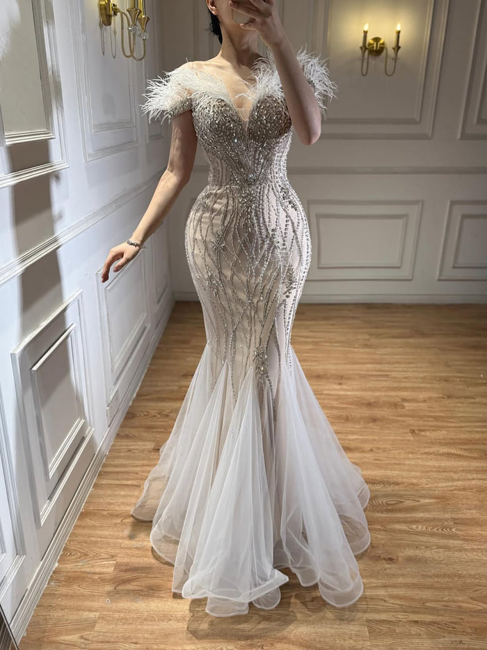 Luxury Nude Feather Beaded Mermaid Off Shoulder Evening Dress LA73223