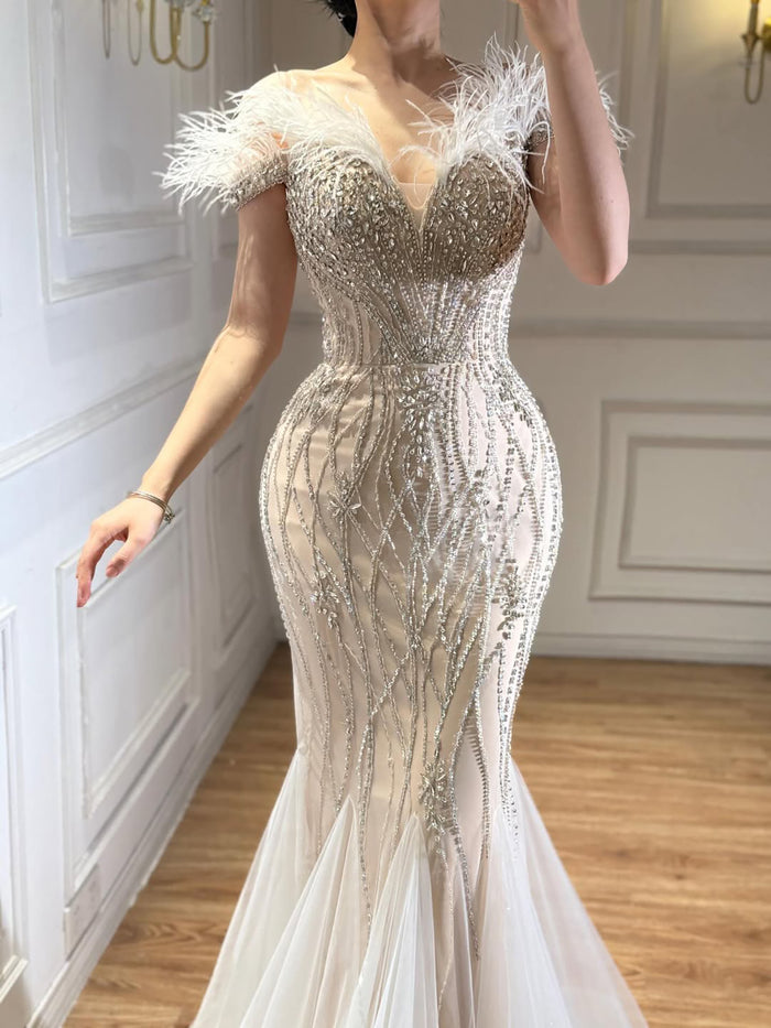 Luxury Nude Feather Beaded Mermaid Off Shoulder Evening Dress LA73223
