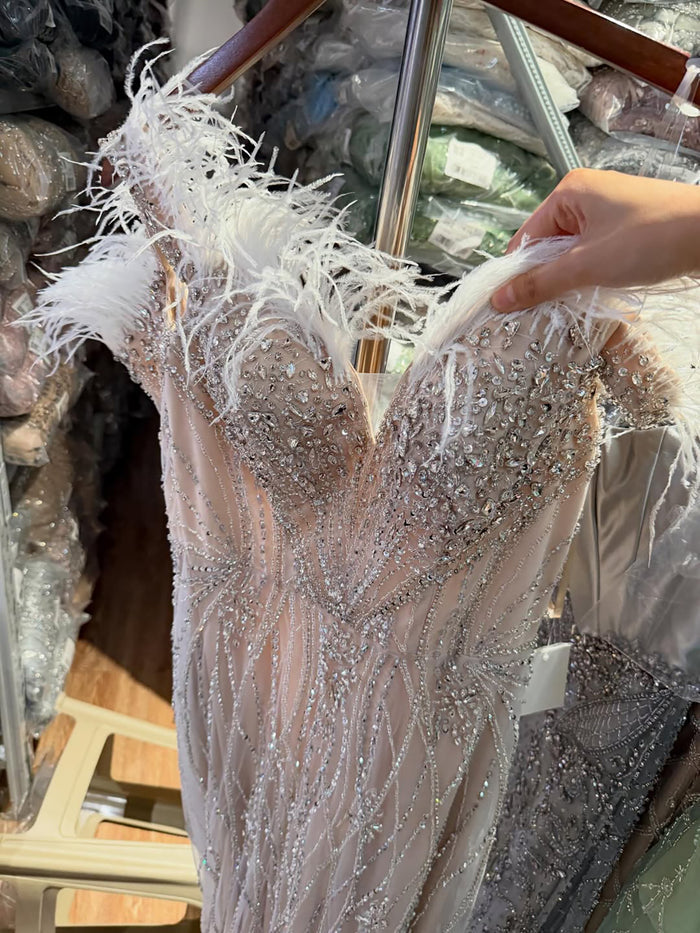 Luxury Nude Feather Beaded Mermaid Off Shoulder Evening Dress LA73223
