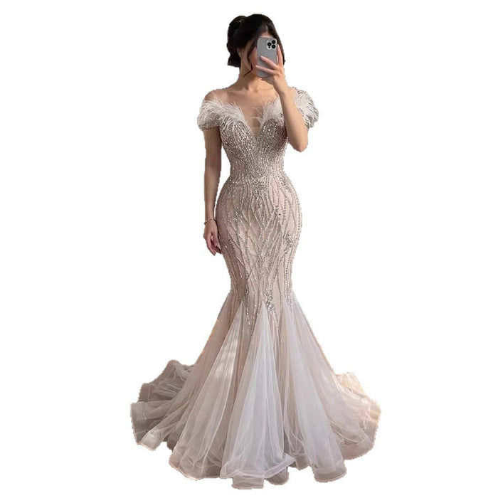 Luxury Nude Feather Beaded Mermaid Off Shoulder Evening Dress LA73223